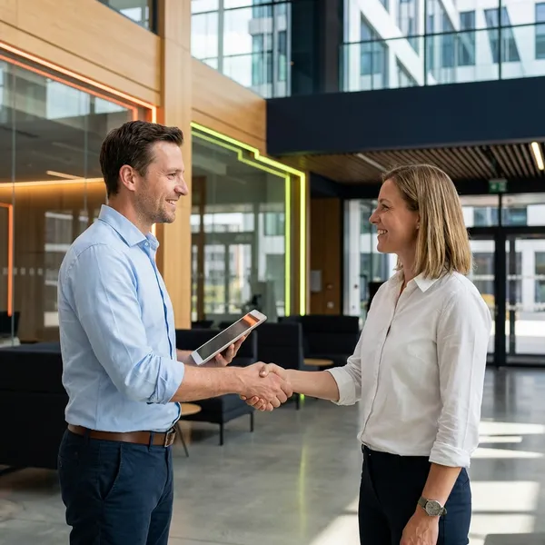 Thiago e Camila se cumprimentando — conexão mediada pela Rezultz